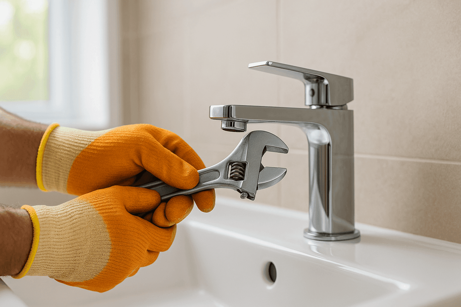 Homeowner tightening faucet handle in residential bathroom