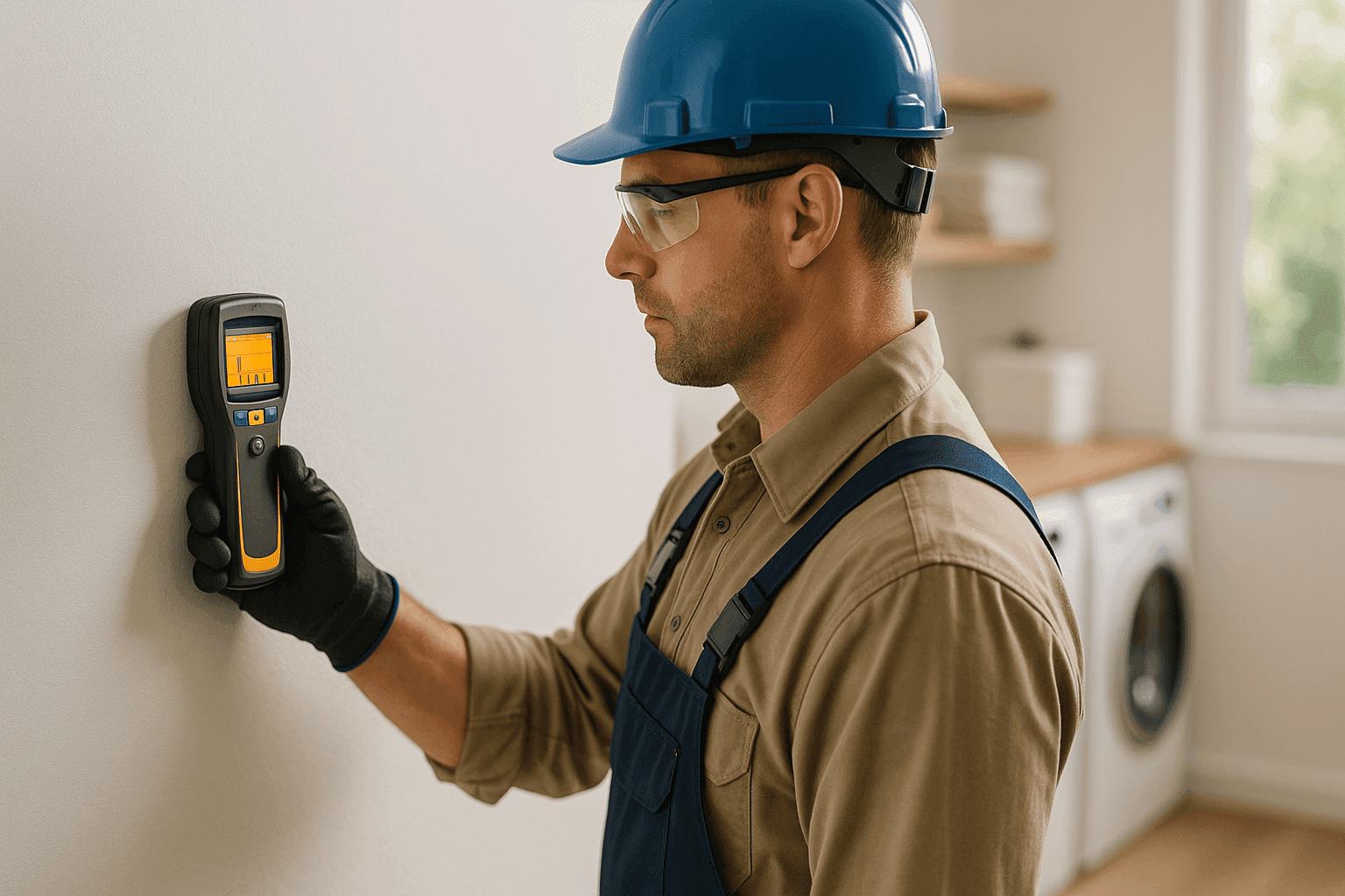 Technician using electronic leak detection device in residential laundry room