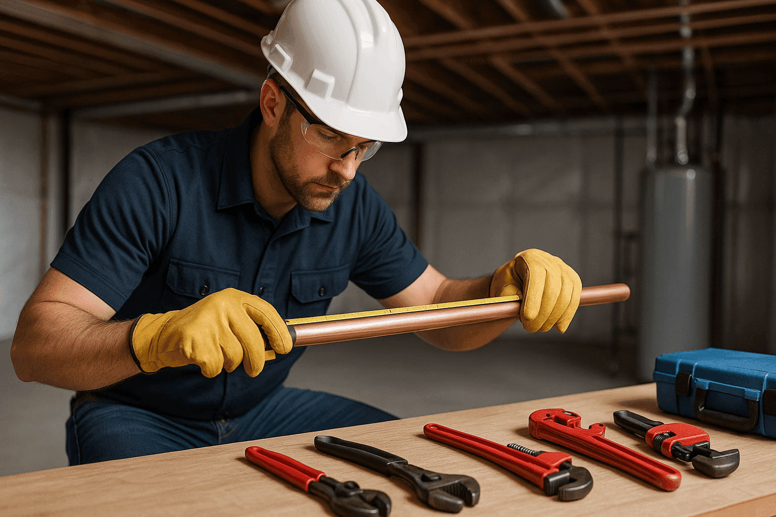 Plumber measuring copper pipe for installation in home basement
