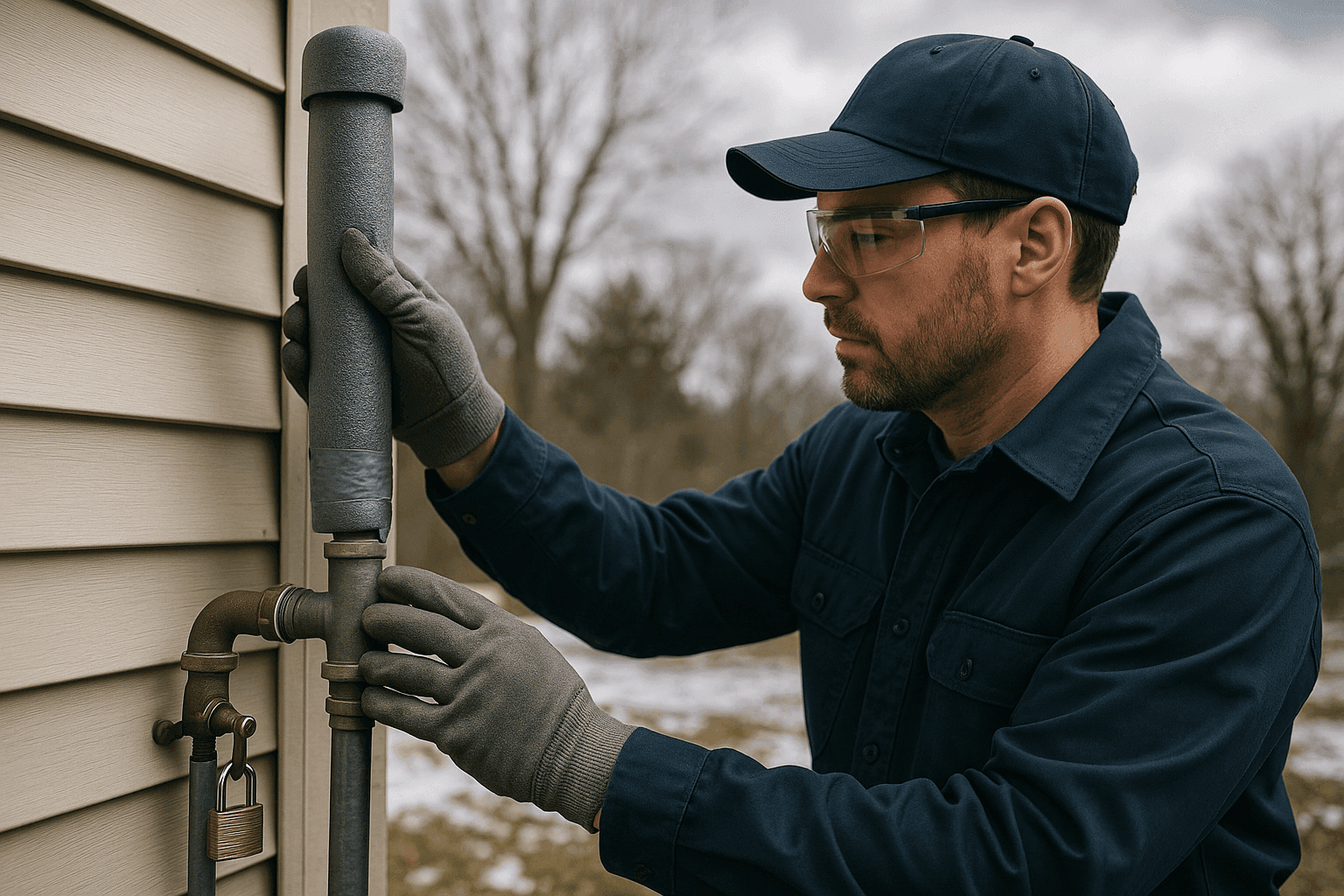 Homeowner wrapping outdoor plumbing pipes with insulation to prevent freezing during winter