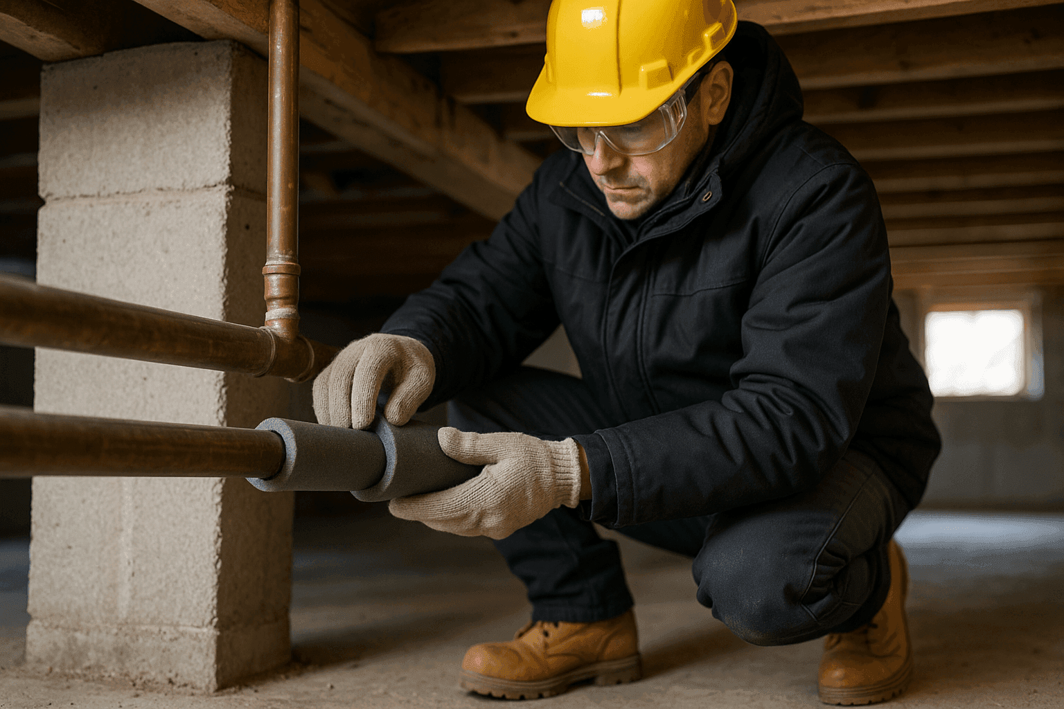 Technician insulating exposed pipes in residential crawlspace