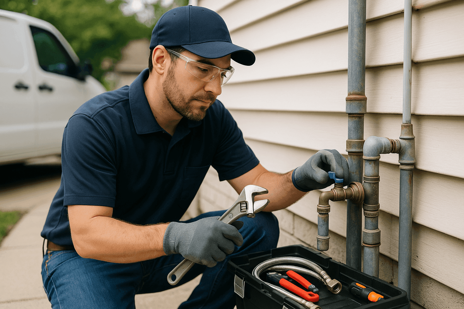 Plumber performing preventative plumbing maintenance inspection in a residential home
