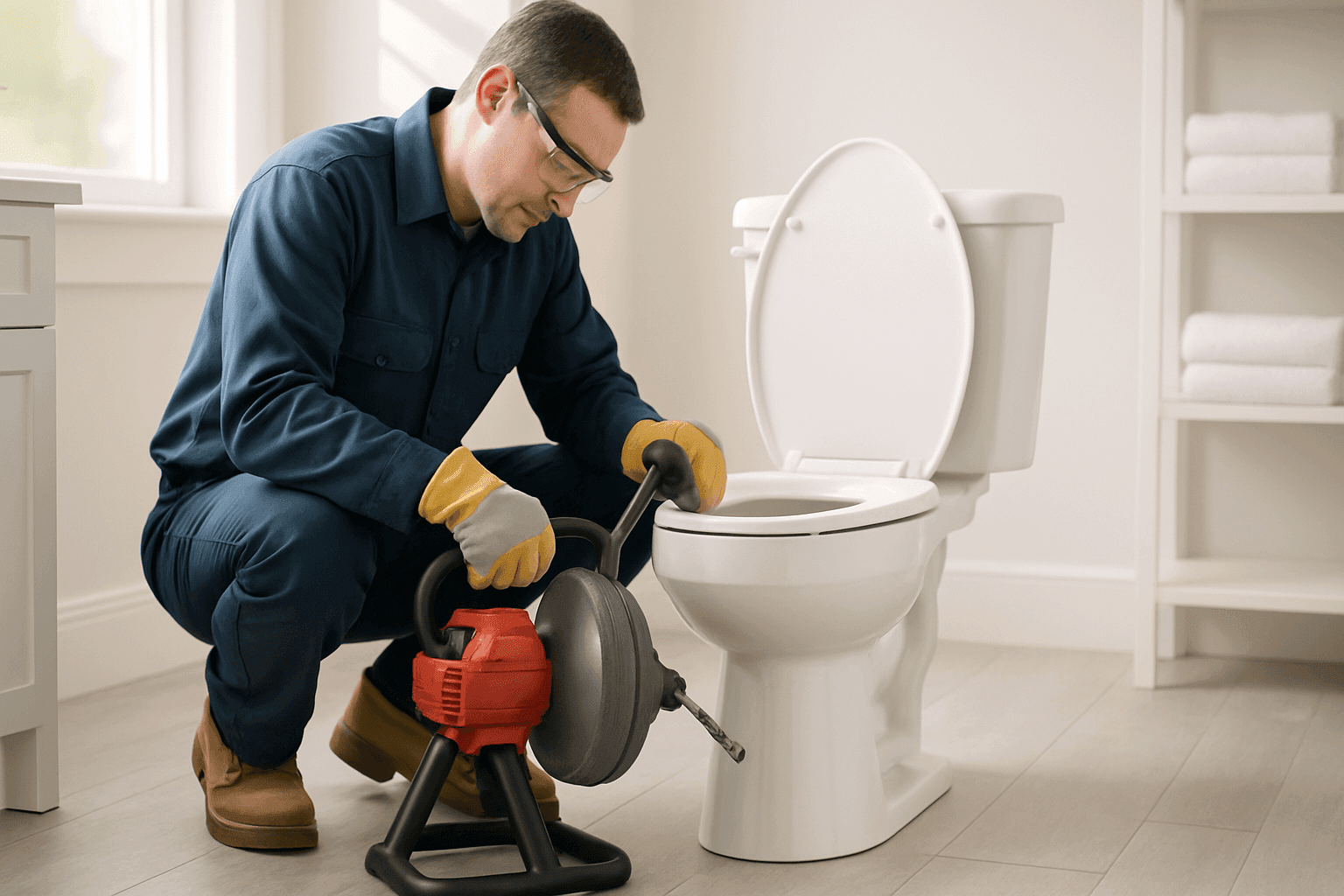 Plumber using auger to unclog residential bathroom toilet
