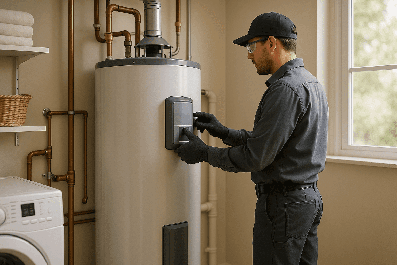 Technician checking water heater controls in residential utility room